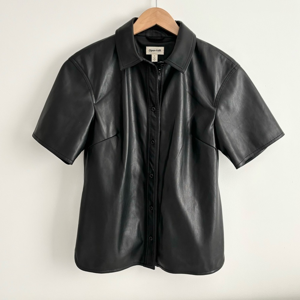 Black Vegan Leather Short-Sleeve Button-Up Top